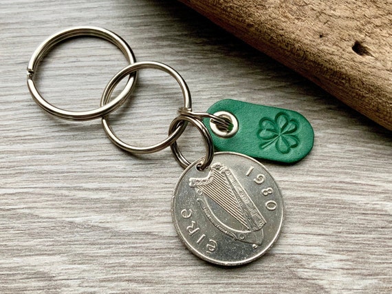Irish coin and green shamrock key chain or clip, Celtic Ireland keyring, choose coin year for a perfect Birthday gift or Anniversary present