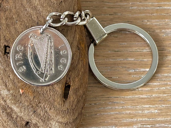 60th birthday gift, 1964 Irish shilling key chain, keyring or clip, a perfect 60th anniversary gift, for some who’s heart is in Ireland