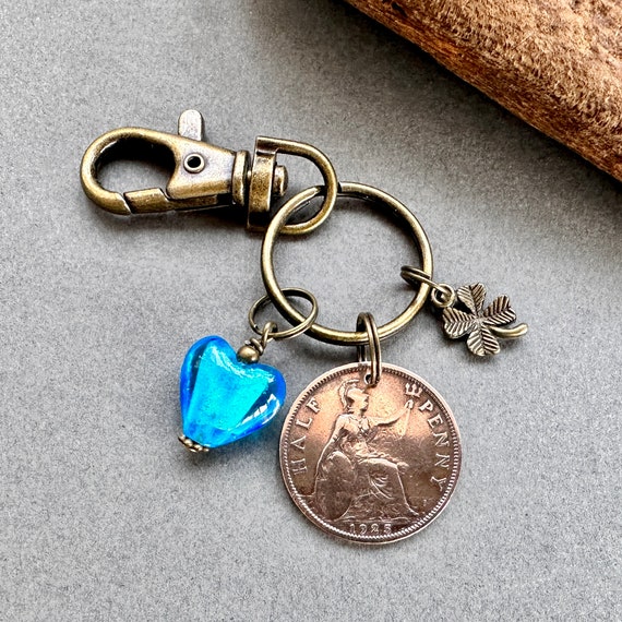 British half penny keychain, keyring or charm clip, 1922 - 1931 choose coin year for a perfect birthday gift for a woman