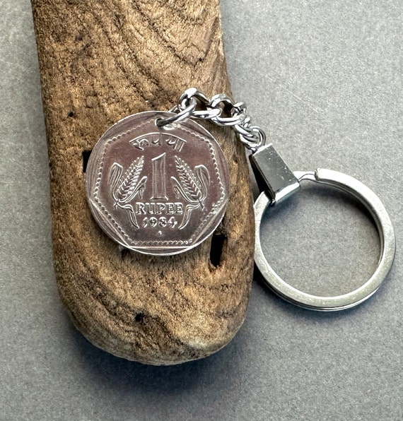 1984 one rupee coin keychain, Ashok-Stambh, Ashoka's Pillar, 40th birthday gift or anniversary present, travel, traveller, Asia gap year