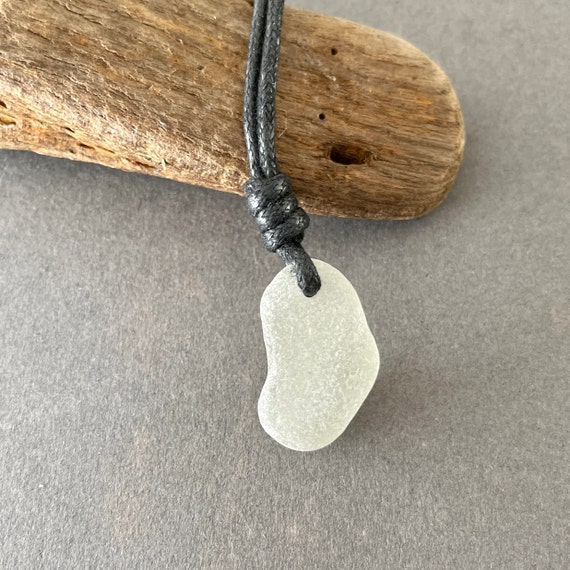 Simple sea glass necklace, adjustable waxed cotton cord, genuine beach glass pendant, boho no metal jewellery, men women, hippie man