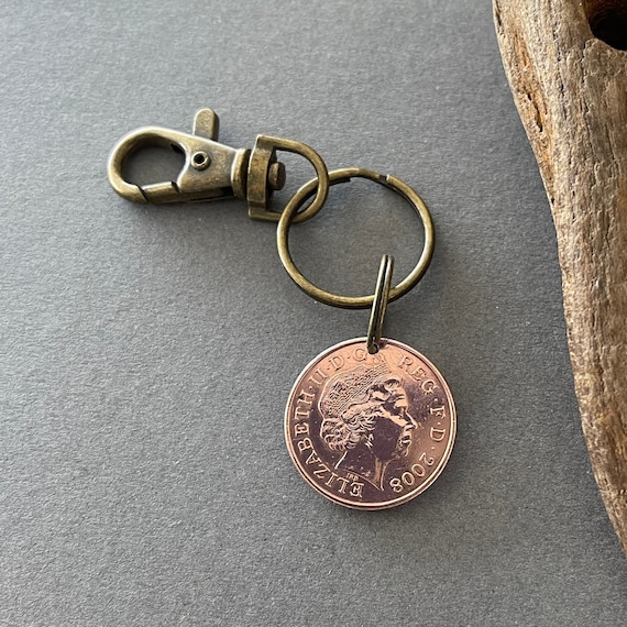 British two pence coin antique style keyring clip, Choose coin year 2008, 2009 or 2010, for a perfect 13th, 14th or 15th UK Anniversary gift