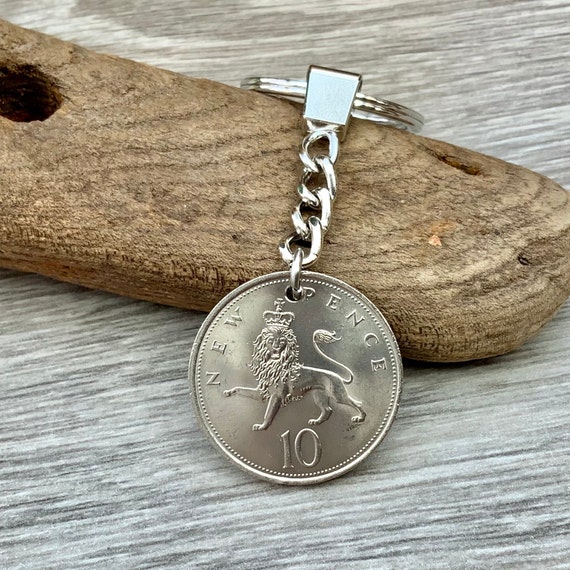 50th birthday gift, 1974 British ten pence coin keyring, Keychain or clip, Minted in 1974 this coin is a perfect for a 50th birthday