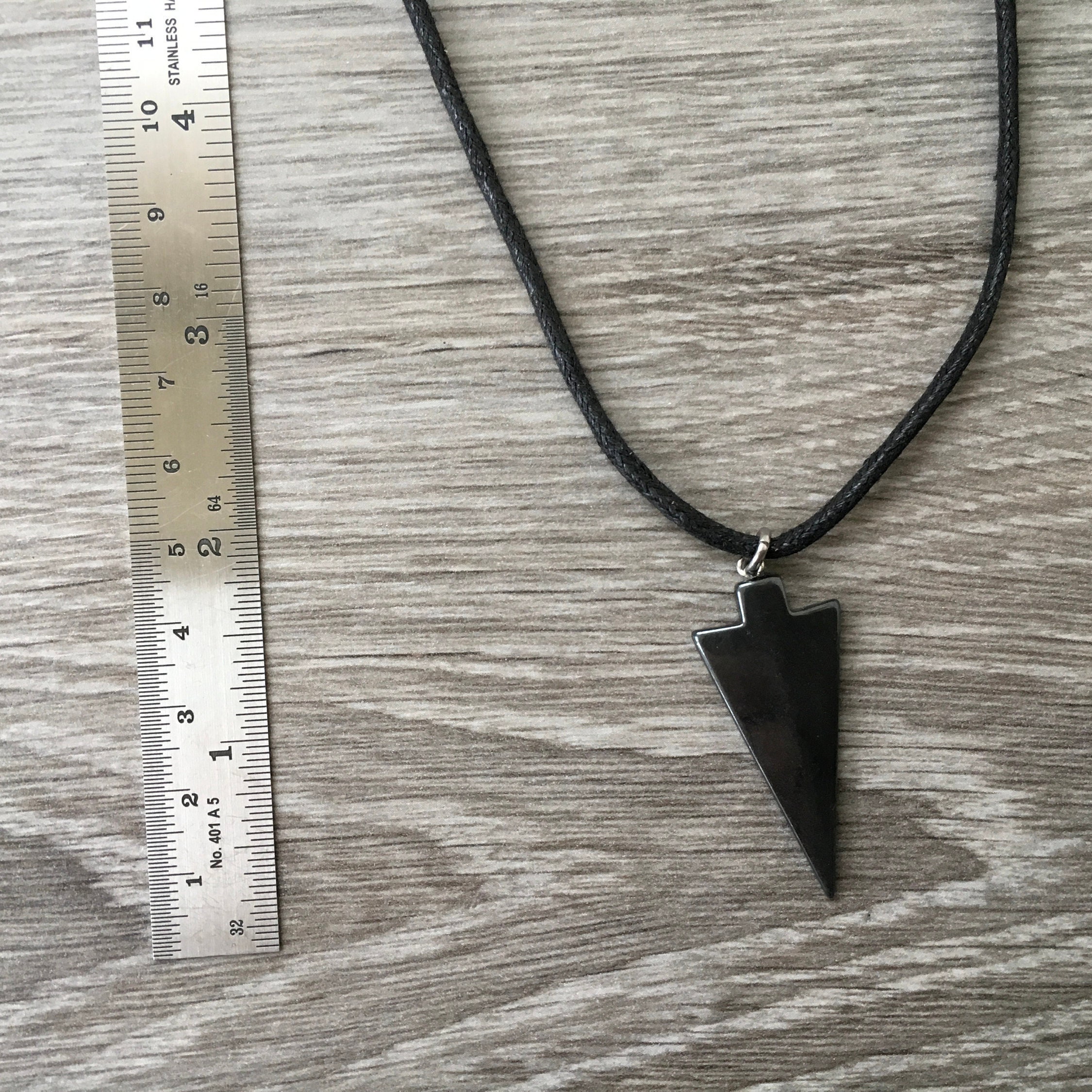 Arrowhead necklace, thick black cotton cord, adjustable hematite Choker