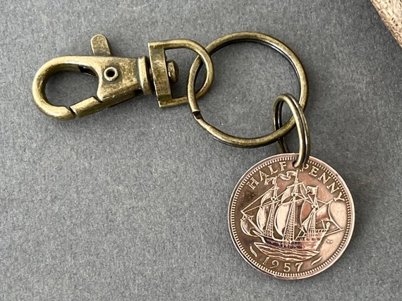 1957 British half penny coin clip style Key ring, English ship coin, 67th birthday or retirement gift