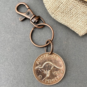 60th birthday or Anniversary gift, 1964 Australian penny Key ring clip, Australia kangaroo coin, birth year coin