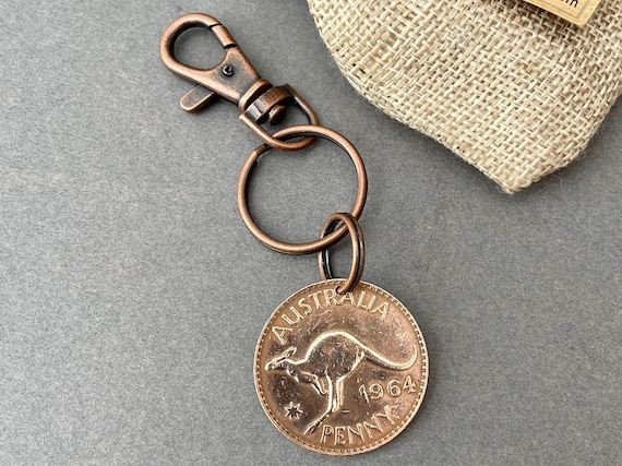 60th birthday or Anniversary gift, 1964 Australian penny Key ring clip, Australia kangaroo coin, birth year coin