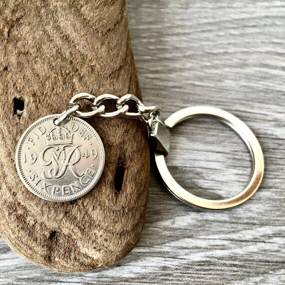 Lucky sixpence keychain, keyring, choose coin year for a perfect birthday Anniversary, retirement or good luck gift