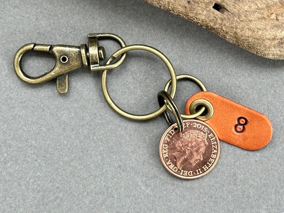 8th anniversary gift,  2015 or 2016 UK penny key ring or clip with a leather number 8 tag