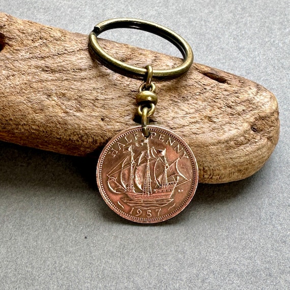 1957 British half penny coin keychain, English ship keyring, 67th birthday or retirement gift