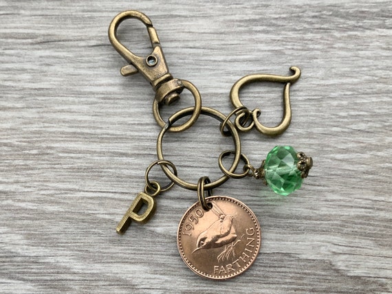 Farthing charm bag clip, choose initial and coin year 1937 - 1951 birthday or anniversary gift, bird coin key ring