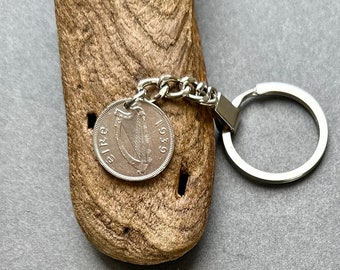 1939 Irish sixpence keychain Ireland coin keyring, 85th birthday gift, dog wolfhound, lucky charm present, him her man woman