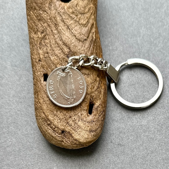 1939 Irish sixpence keychain Ireland coin keyring, 85th birthday gift, dog wolfhound, lucky charm present, him her man woman