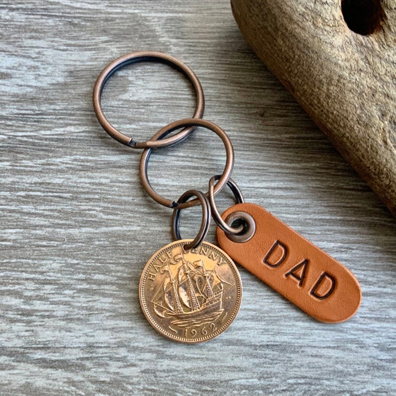 A gift for dad, a British halfpenny in the year of your choice with an antique style leather fob a great birthday or fathers day gift