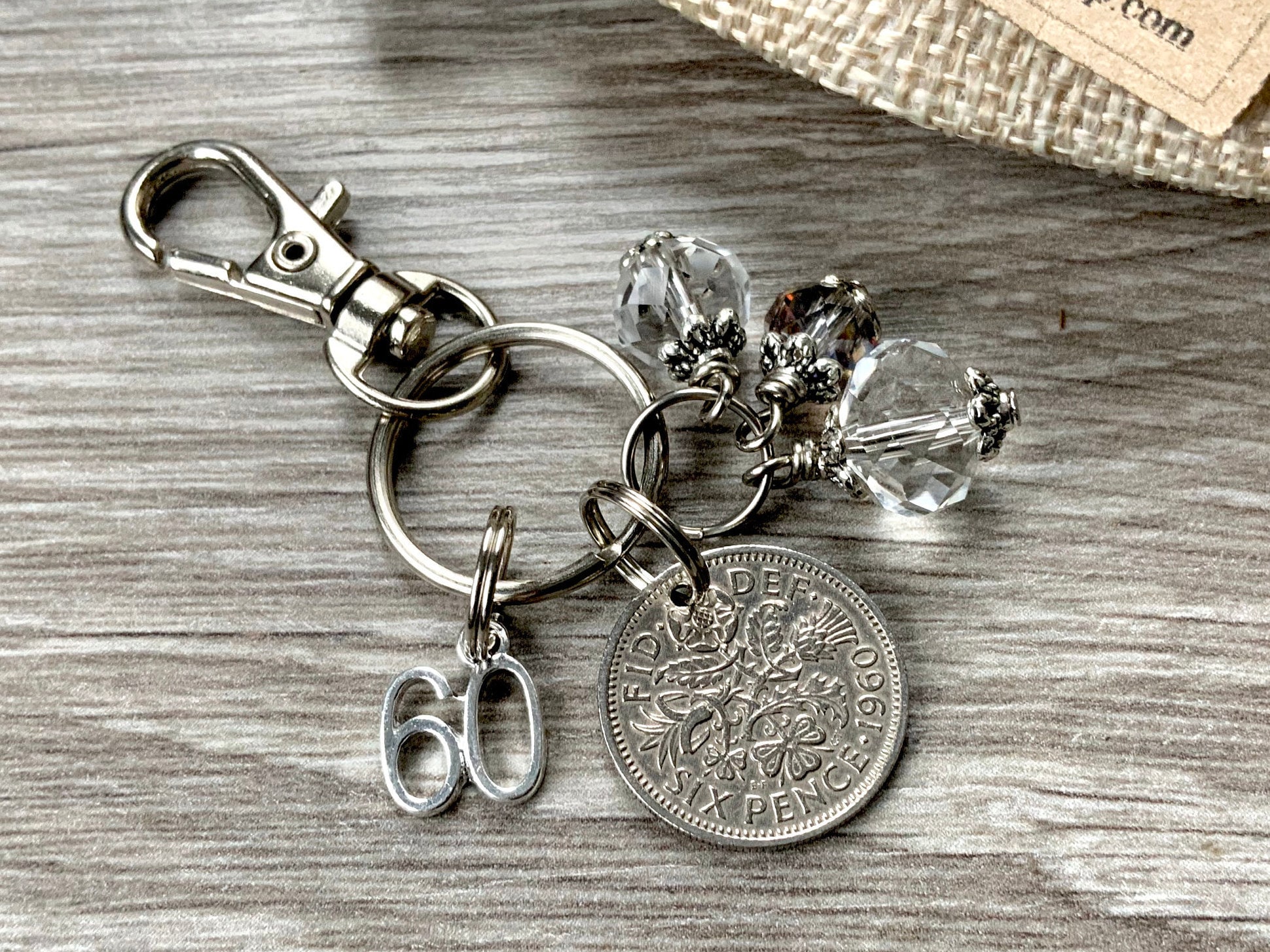 1960 lucky Sixpence 60th birthday charm keyring Wedding a free present box Queen