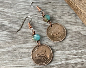 Wren Farthing earrings, choose coin year for a perfect birthday gift, British pretty bird coin, stainless steel ear hooks