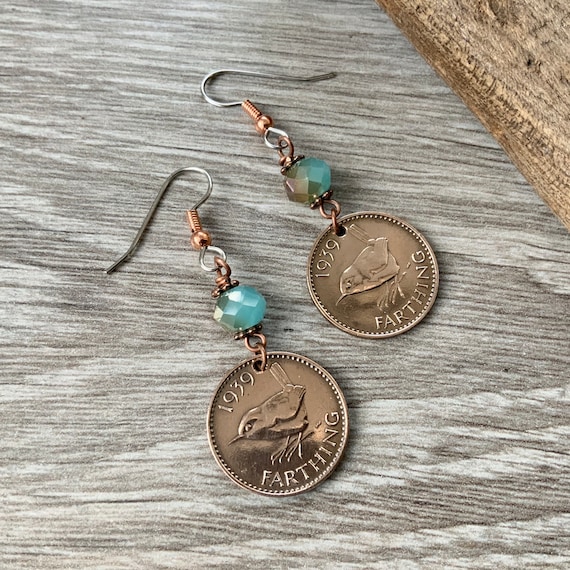 Wren Farthing earrings, choose coin year for a perfect birthday gift, British pretty bird coin, stainless steel ear hooks