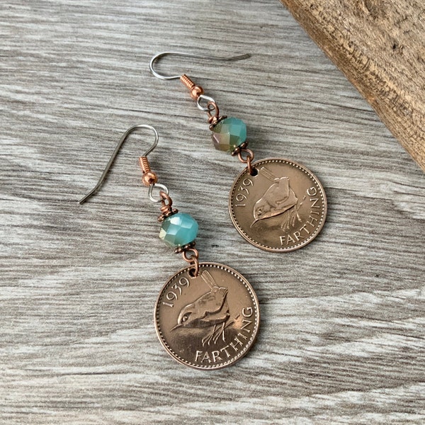 Wren Farthing earrings, choose coin year for a perfect birthday gift, British pretty bird coin, stainless steel ear hooks