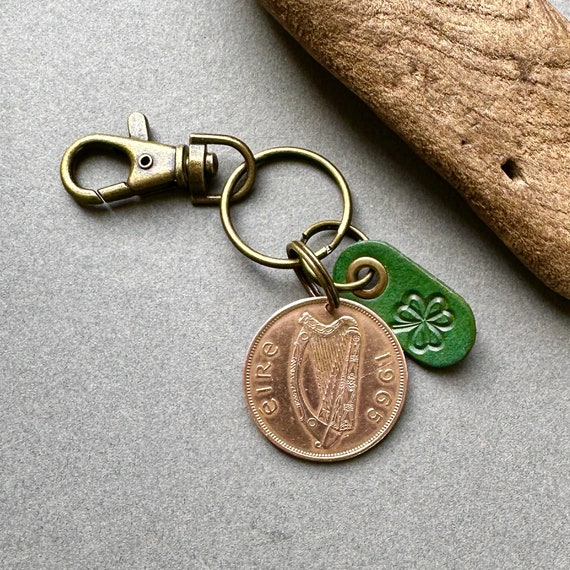 1965 Irish penny and shamrock clip style keychain, Keyring  for a perfect  59th birthday or anniversary gift for man  or woman in 2024