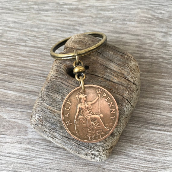 1931 or 1932 British half penny coin keychain or clip, English keyring, Britannia, a great birthday gift for a man or woman