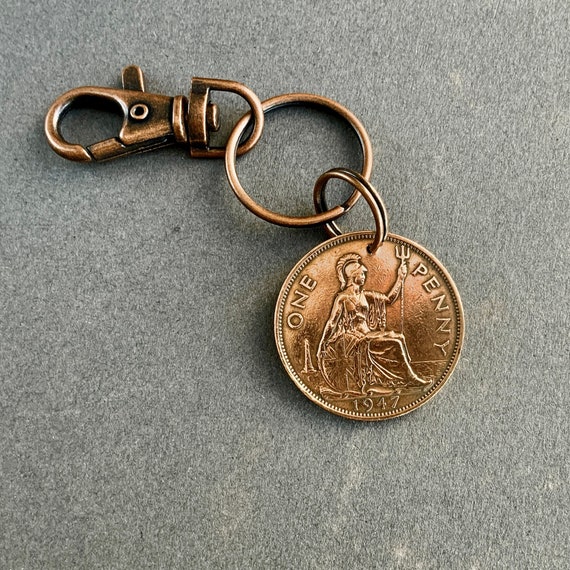 1947 big British penny Key ring clip, U.K. coin keyring, a perfect 77th birthday gift