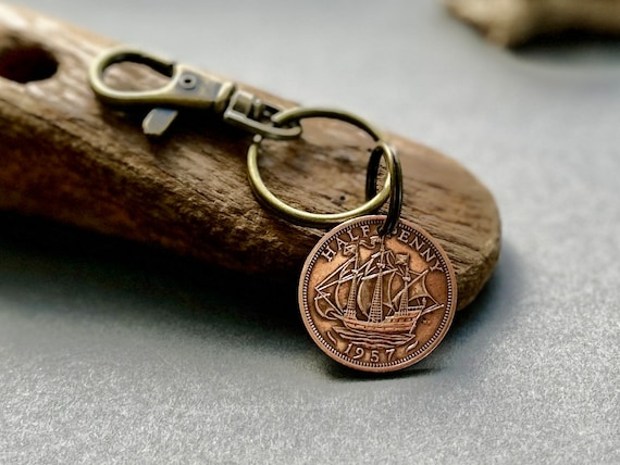 1957 British half penny coin clip style keychain, English ship keyring, 67th birthday or retirement gift