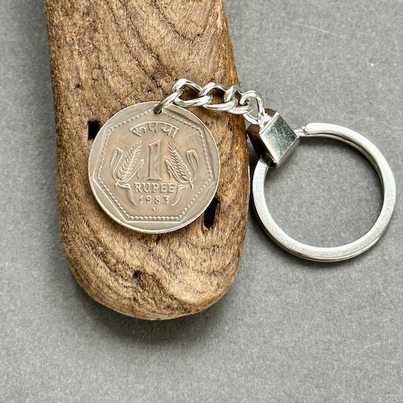 1983 one rupee coin keychain, Ashok-Stambh, Ashoka's Pillar, 41st birthday gift or anniversary present, travel, traveller, Asia gap year