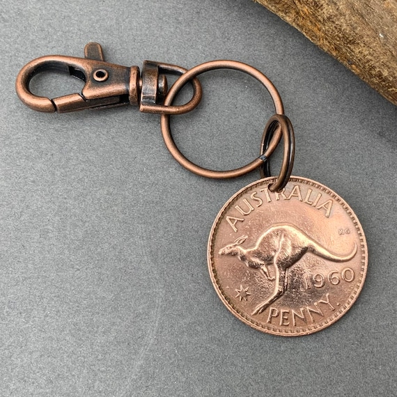 1960 Australian penny Key ring clip, Australia kangaroo coin, 64th birthday or Anniversary gift, birth year coin