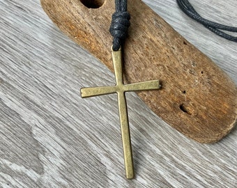 Large cross pendant necklace on a long black adjustable Cotton cord, for men or women