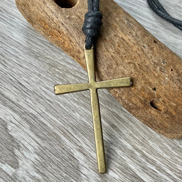 Large cross pendant necklace on a long black adjustable Cotton cord, for men or women