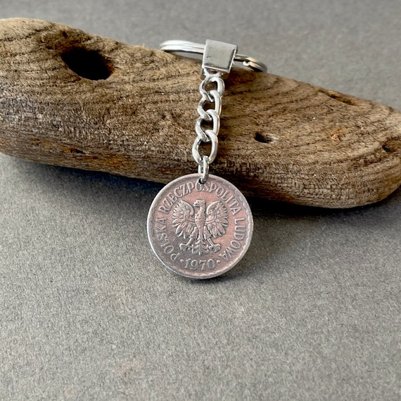 1970 polish coin keyring, 1 Zloty keychain, 54th birthday or Anniversary present from Poland