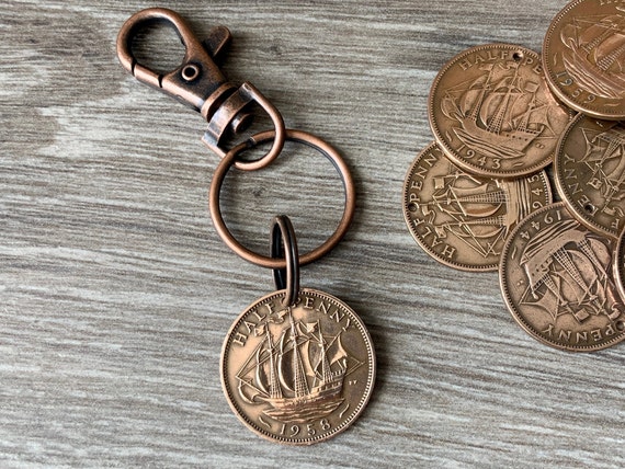 1958 British half penny coin Key ring clip, a perfect 66th birthday, retirement or anniversary gift