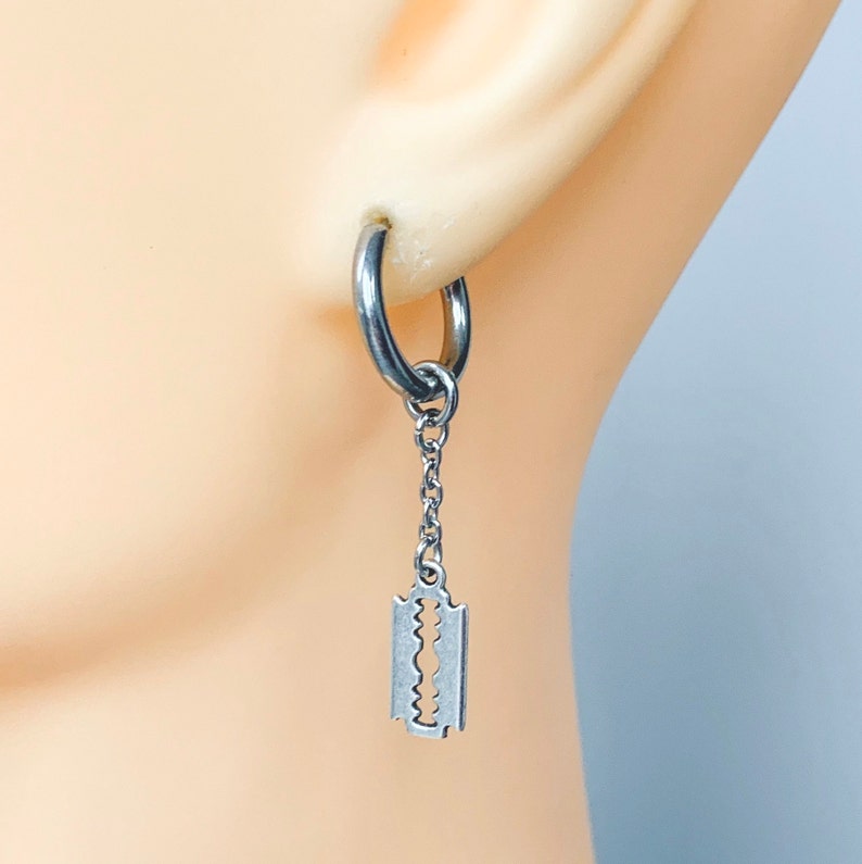 Razor blade thick hoop dangle earring available as a single Etsy