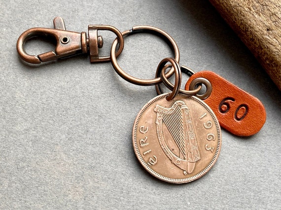 1963 Irish penny keychain, keyring or clip 60th birthday gift in 2023, a keepsake gift from Ireland