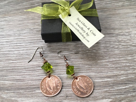1978 Irish penny dangle earrings with lime green glass beads a perfect 46th birthday gift or anniversary present
