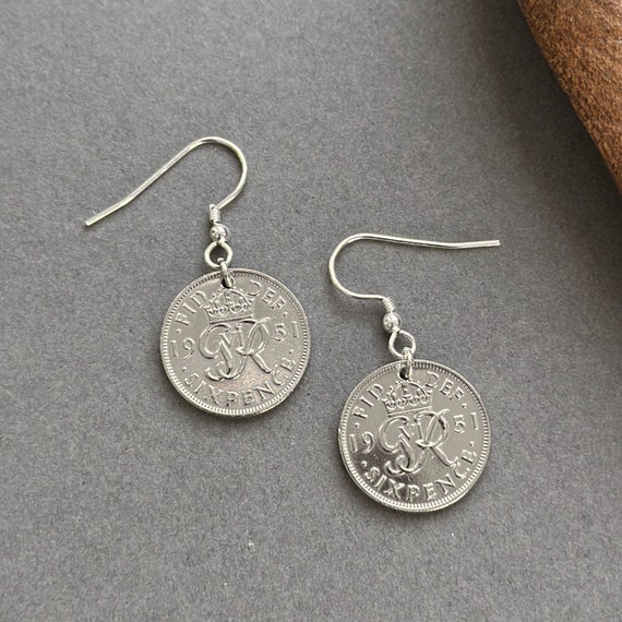 1951 British sixpence earrings with sterling silver ear wires, 73rd birthday gift