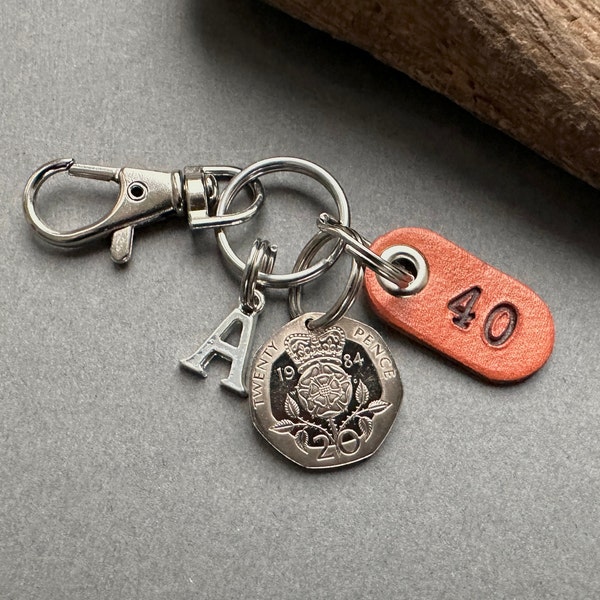 40th birthday gift, 1984 British twenty pence coin key ring, key chain or Clip, also a great gift for a 40th anniversary