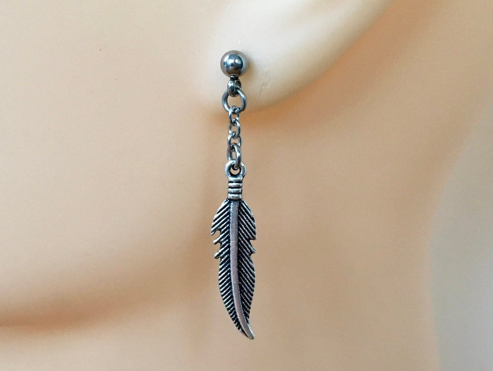Single feather dangle earring, guys one earring, mens feather jewellery