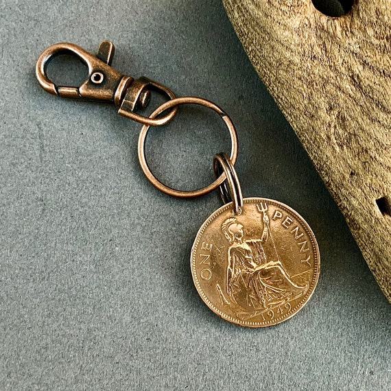 75th birthday gift 1949 big British penny clip, U.K. coin keyring, a perfect 75th birthday gift