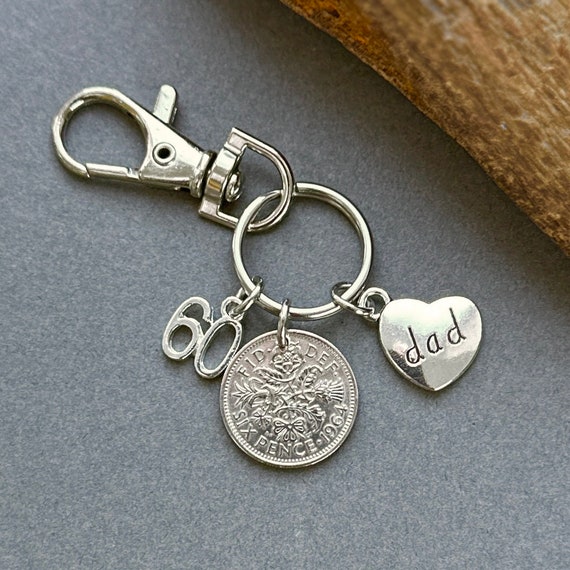 60th birthday gift for dad, a 1964 lucky sixpence Key ring or clip, 60th birthday for father