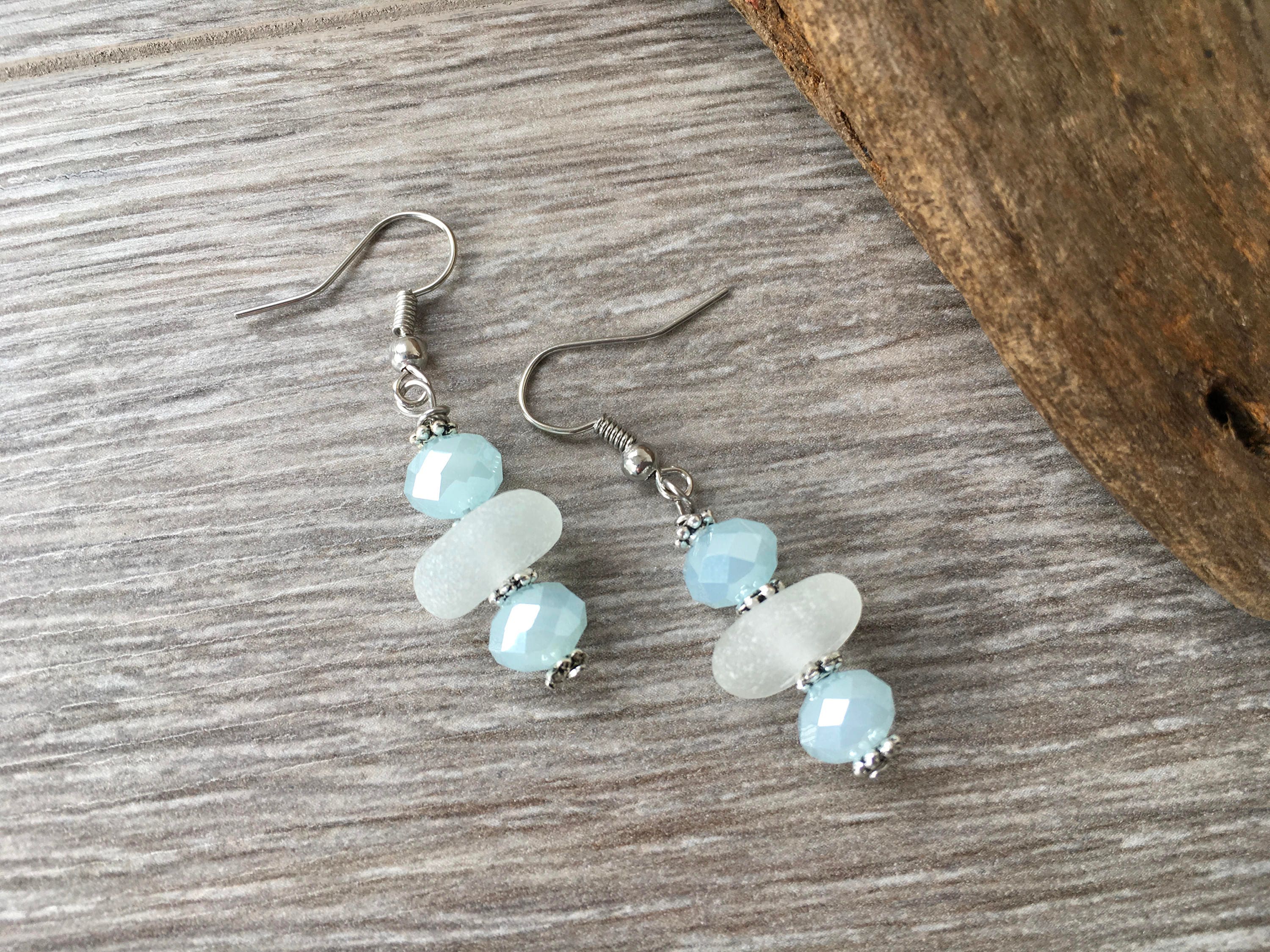 Mermaid earrings, sea glass, beach glass jewelry, pale blue cut glass