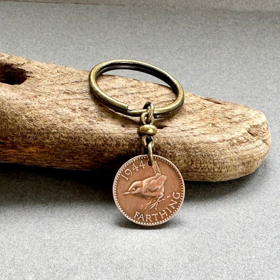 1944 wren Farthing keyring, British bird coin, 80th birthday gift for a man or woman,