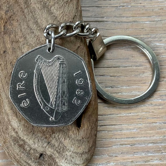 1982 Irish fifty pence coin key chain, or clip, 50p keyring, 42nd birthday, anniversary or St patrick gift for a man or woman
