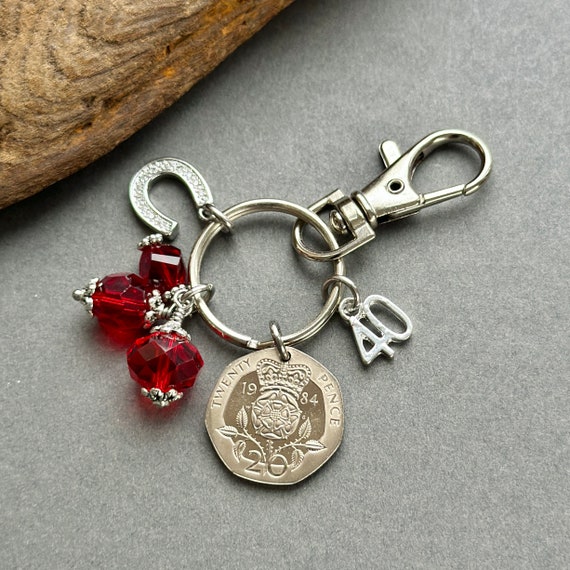 40th anniversary gift, 1984 British 20 pence coin bag charm clip, also great for a 40th birthday gift, ruby anniversary in 2024