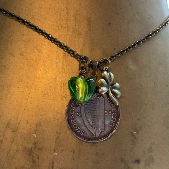 1933 Irish coin and shamrock necklace, handmade with a genuine half penny from Ireland dated 1933, a perfect gift for a 91st birthday