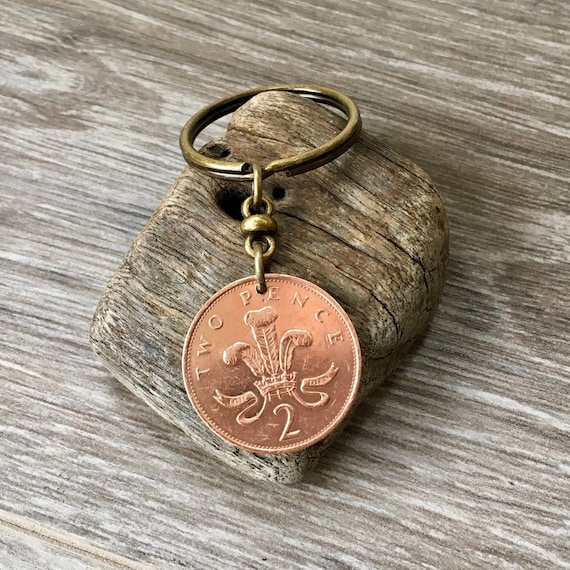 British coin keychain or clip, 1987, 1988 or 1989 English two pence keyring, choose year, birthday or anniversary gift for a man or woman