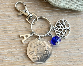 1973 British 50p, fifty pence coin, bag charm clip, personalised 51st birthday gift, birthstone and initial present, UK anniversary