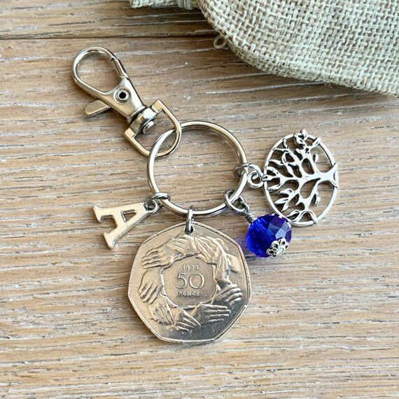 1973 British 50p, fifty pence coin, bag charm clip, personalised 51st birthday gift, birthstone and initial present, UK anniversary