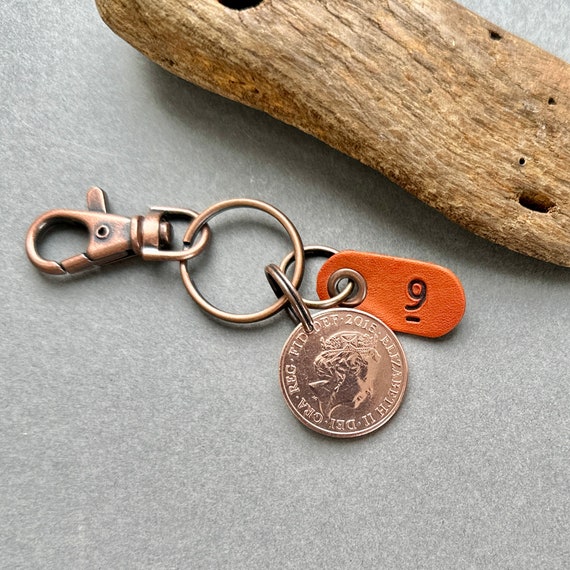9th anniversary gift, 2015 British Two pence ( 2p ) coin key ring, key chain or clip, copper wedding anniversary present, man or woman