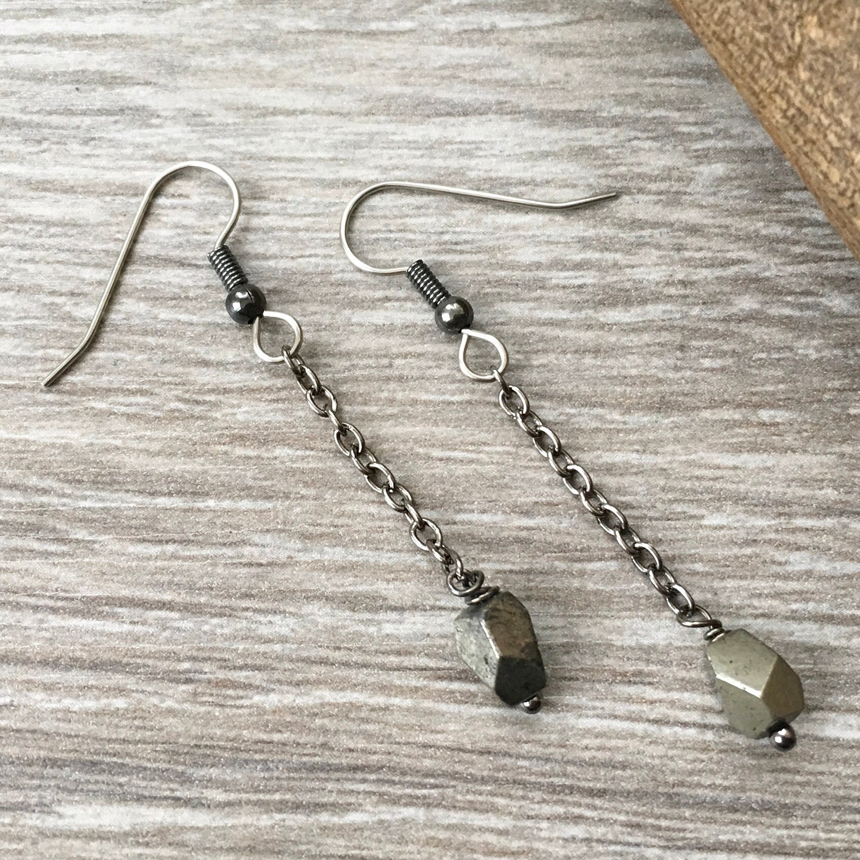 Long iron pyrite earrings, fools gold, geometric minimalist jewelry